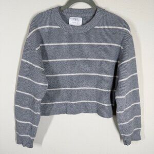 Zara Youth Cropped Sweater Gray/White Striped Size 11/12